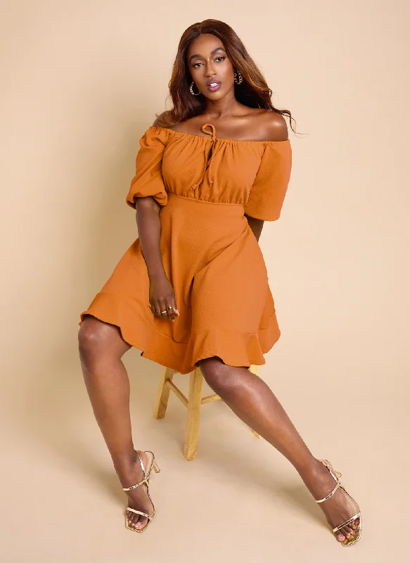 Adored Puff Sleeve Skater Mini Dress - Burnt Orange