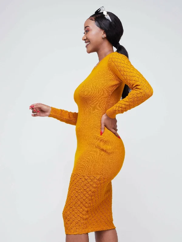 Infy Knit Wear Zuri Bodycon Dress Below The Knee - Mustard