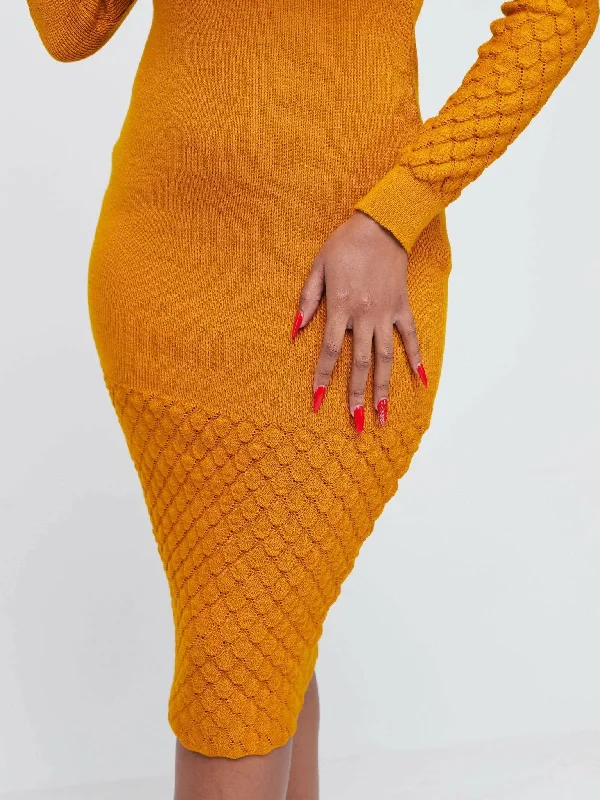 Infy Knit Wear Zuri Bodycon Dress Below The Knee - Mustard