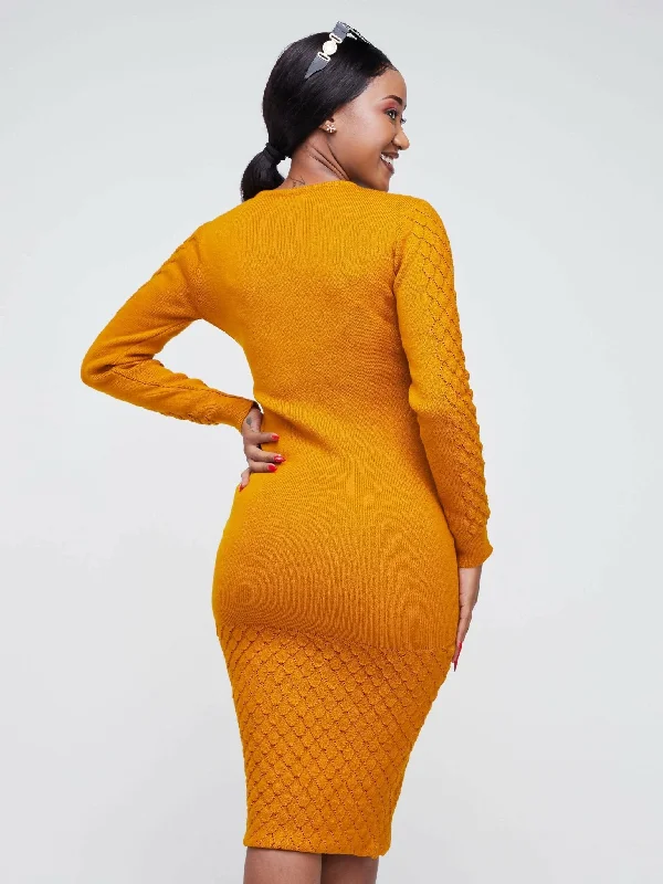 Infy Knit Wear Zuri Bodycon Dress Below The Knee - Mustard