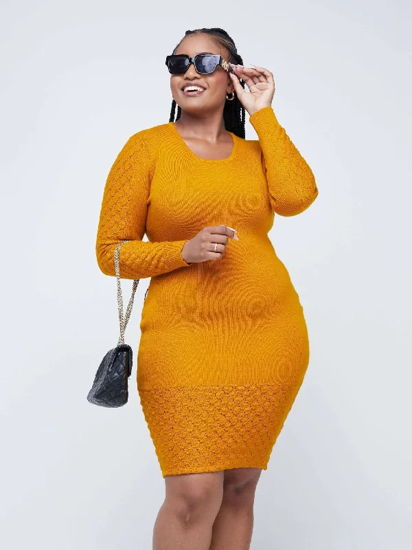 Infy Knit Wear Zuri Bodycon Dress Knee Level - Mustard