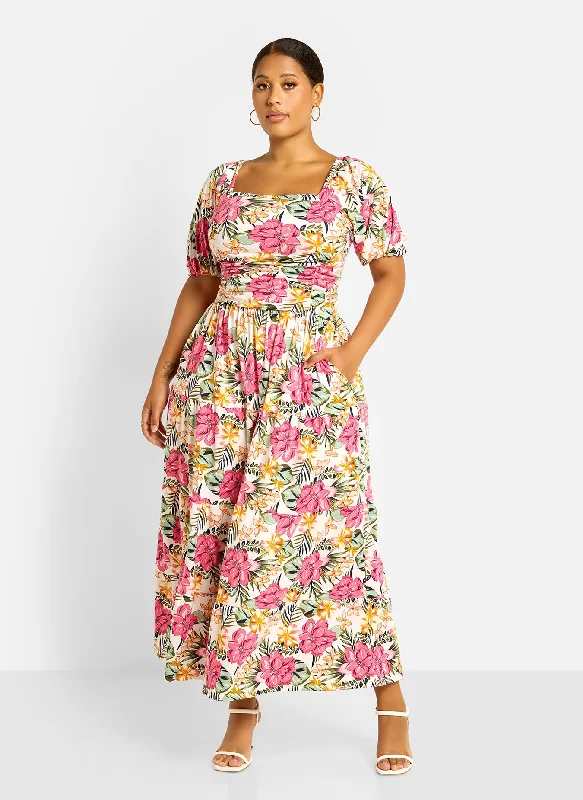 Lana Ruched Skater Maxi Dress - Floral