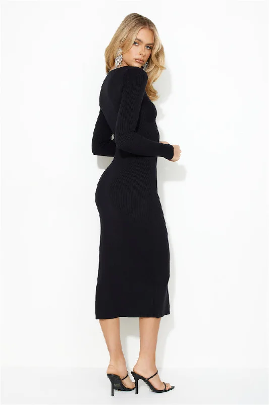 Night Owl Long Sleeve Ribbed Midi Dress Black