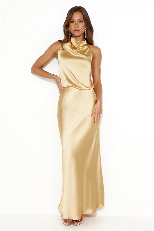 Parties Don't Stop Satin Maxi Dress Yellow