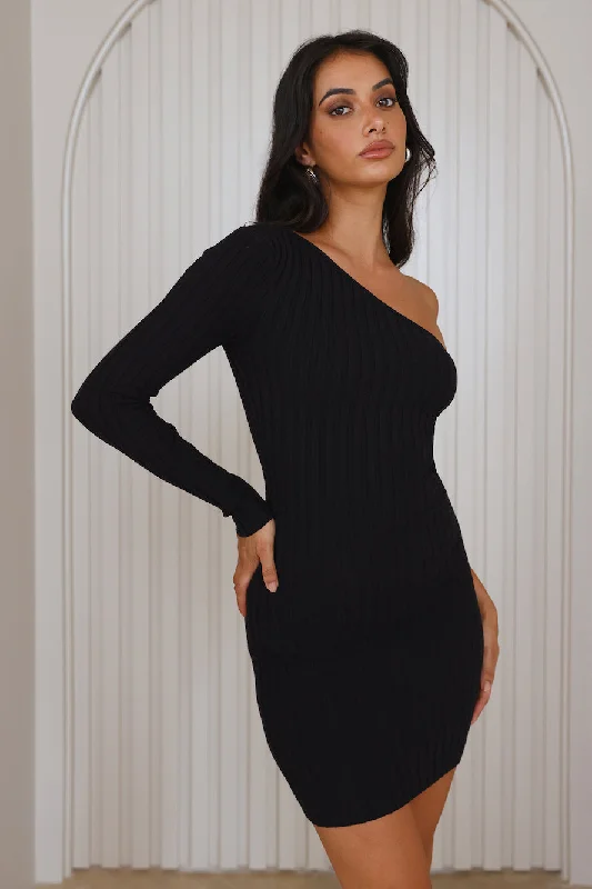 Share Stories One Shoulder Ribbed Mini Dress Black