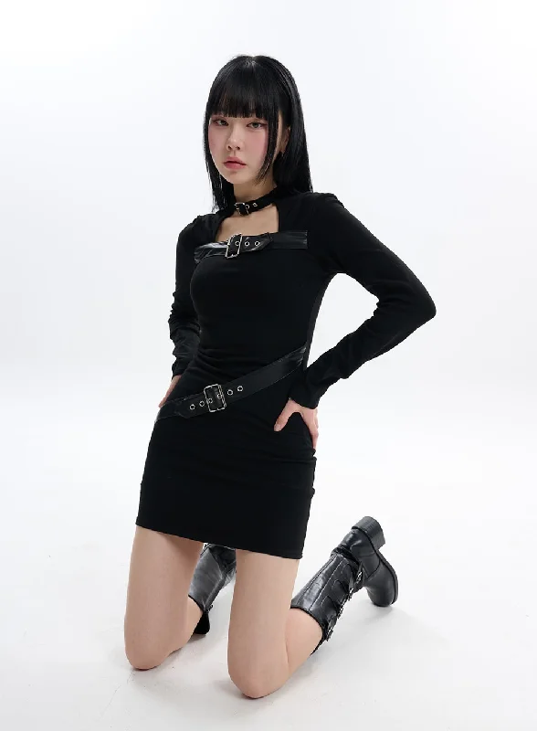 Solid Buckle Mini Dress IF413