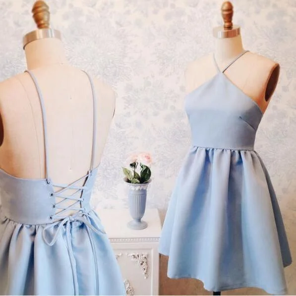 A-Line Halter Above-Knee Lace-Up Blue Stretch Satin Homecoming Dress  PD403