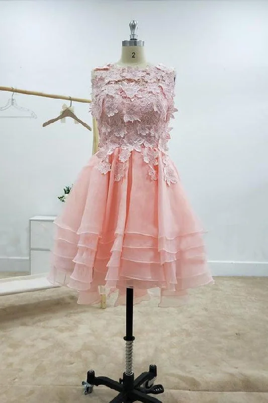 A-line Lace Bateau Neckline Pink Homecoming Dresses With Appliques PD429