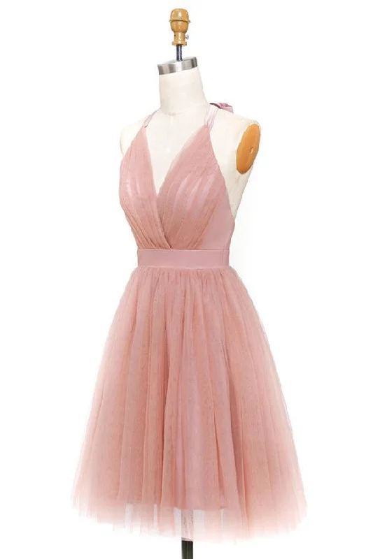 A-Line Pink Tulle Deep V-neck Backless Pleats Mini Homecoming Dress PD440