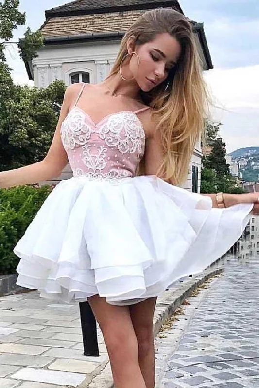 A-Line Spaghetti Straps Tiered White Homecoming Dress with Appliques  PD405