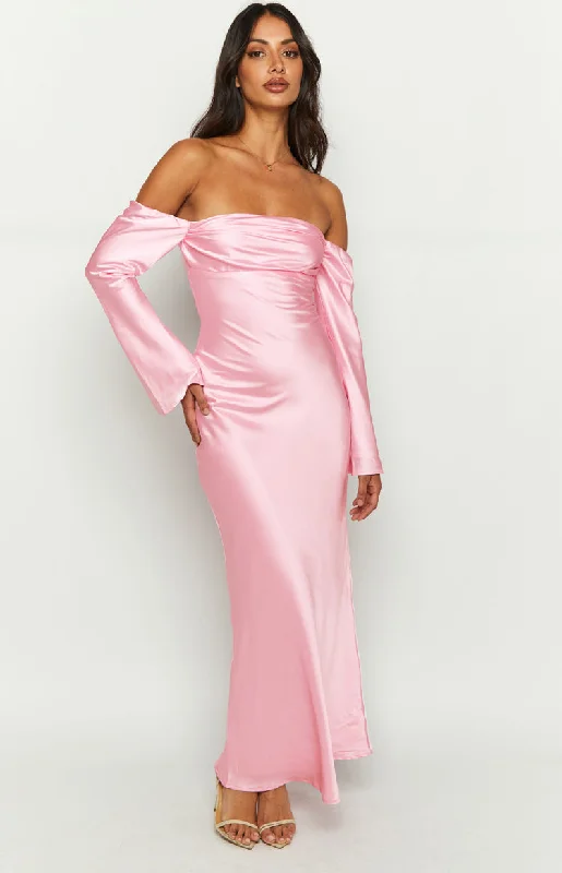 Alita Baby Pink Off The Shoulder Long Sleeve Maxi Formal Dress