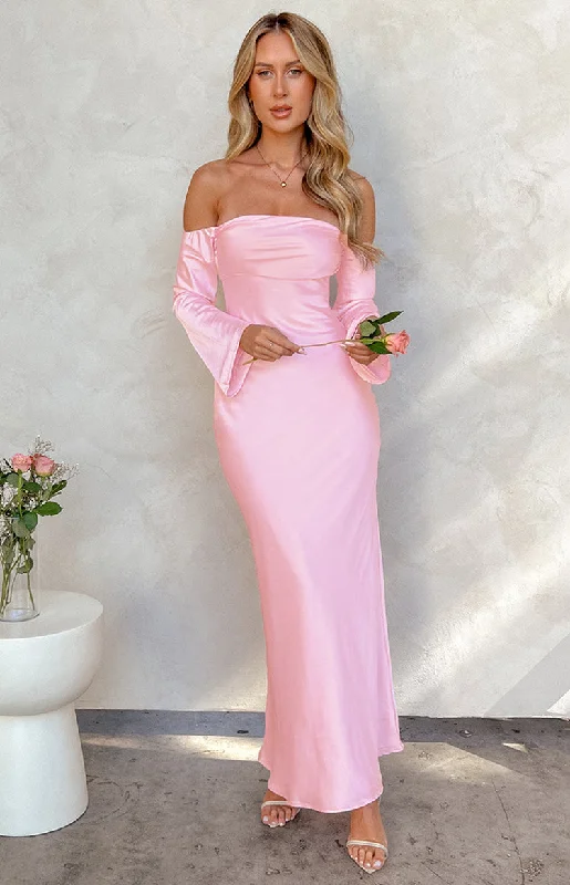 Alita Baby Pink Off The Shoulder Long Sleeve Maxi Formal Dress