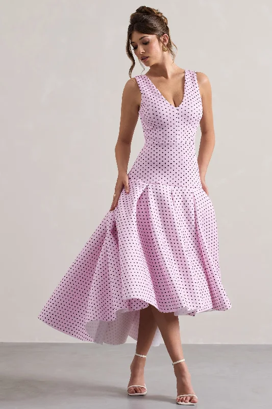 Amoret | Pink Polka Dot Plunge-Neck Maxi Dress With Volume Hem