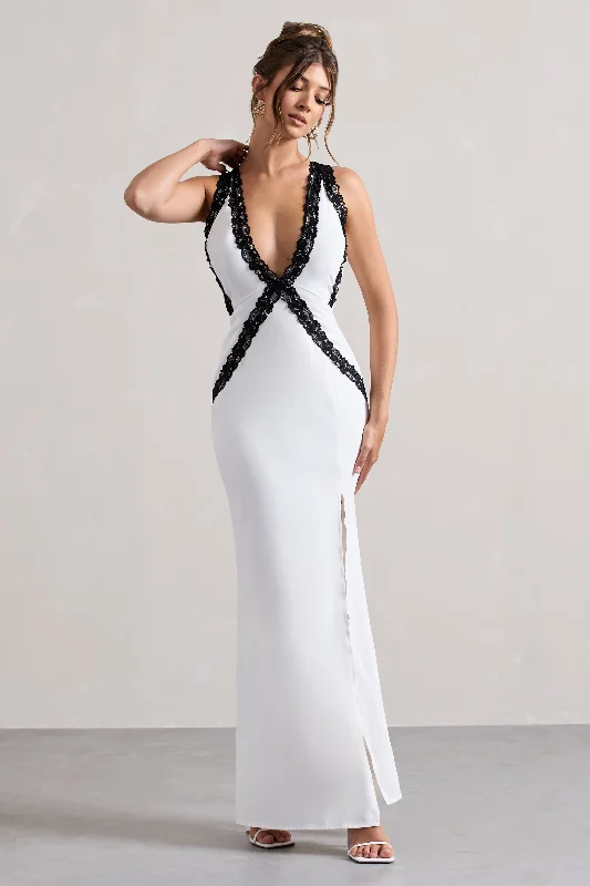 Cirilla | White Plunge-Neck Split Maxi Dress With Lace Detail