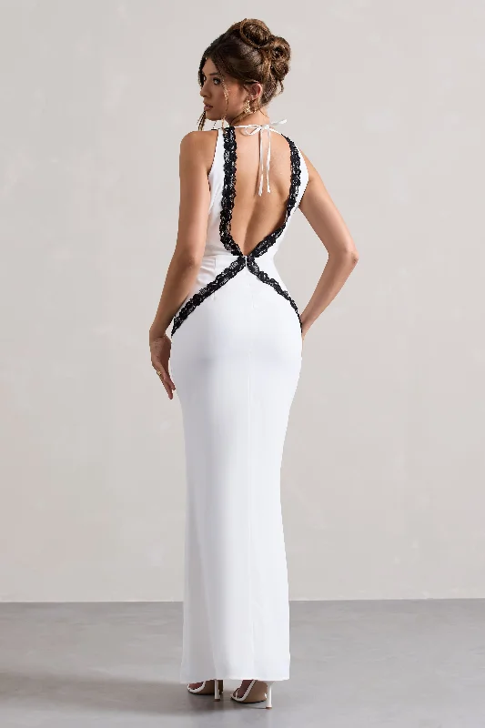 Cirilla | White Plunge-Neck Split Maxi Dress With Lace Detail