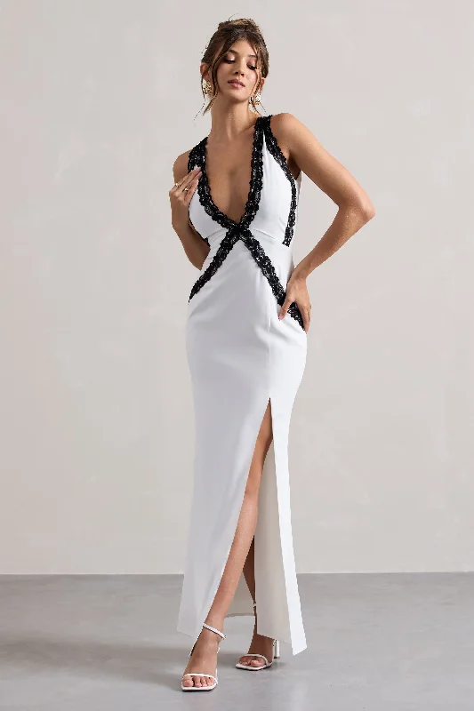 Cirilla | White Plunge-Neck Split Maxi Dress With Lace Detail