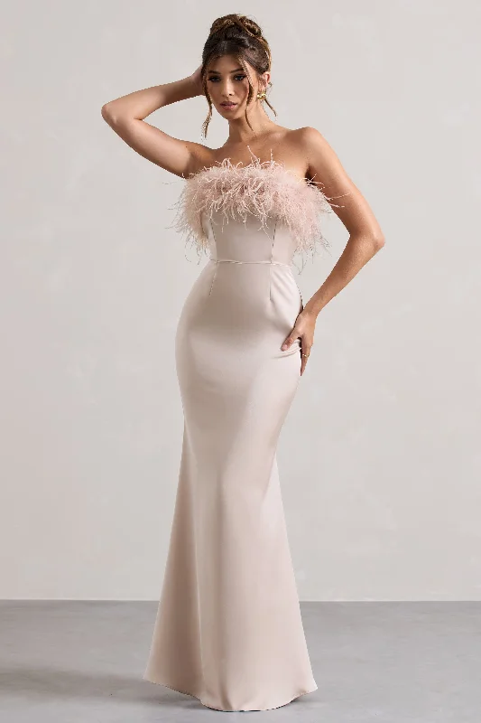 Dress For It | Champagne Satin Strapless Feather Trim Maxi Dress