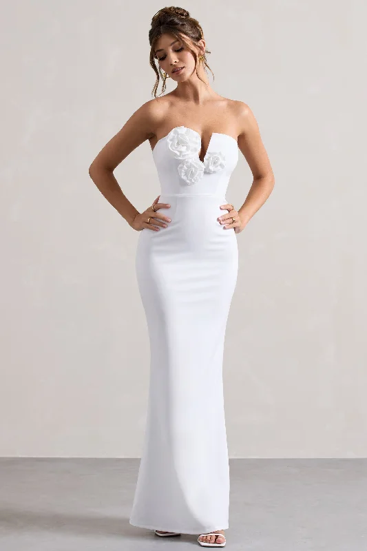 Enticed | White Strapless V-Neck Maxi Dress With Flowers