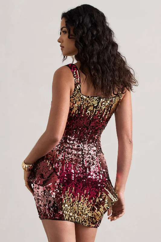 Firework | Pink & Gold Sequin Square-Neck Peplum Mini Dress