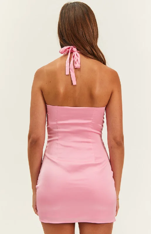 Hannah Pink Satin Halter Mini Dress