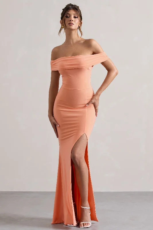 Law of Attraction | Coral Bardot Draped Split Maxi Dress