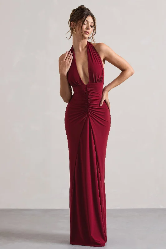 Payton | Berry Ruched Halter-Neck Maxi Dress