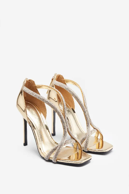 Pluto | Gold Metallic Diamante Heeled Sandals