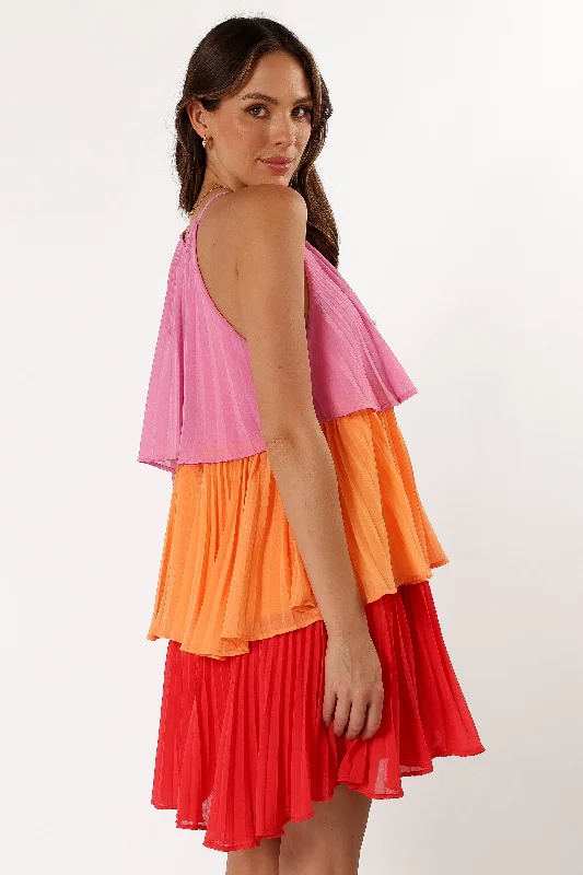 Shortcake Tiered Mini Dress - Pink Orange Red