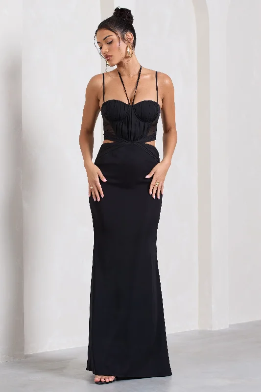 Stardom | Black Chiffon Strappy Sweetheart Cut-Out Maxi Dress