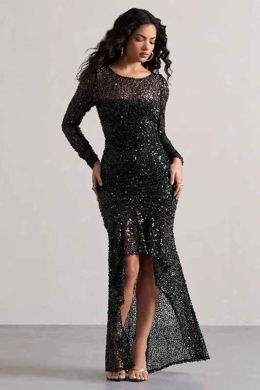 Stargirl | Black Sequin Sheer Ruched High-Low Maxi Dress