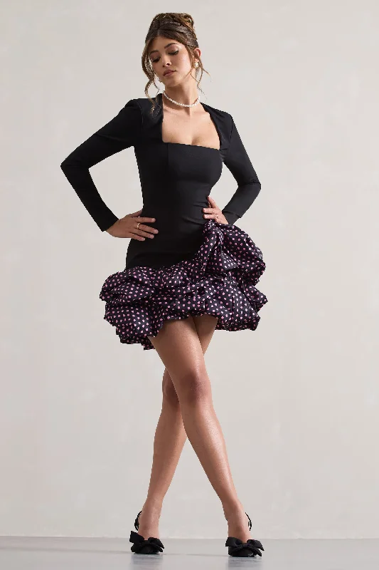 Surreal | Black Polka Dot Square-Neck Mini Dress With Ruffles