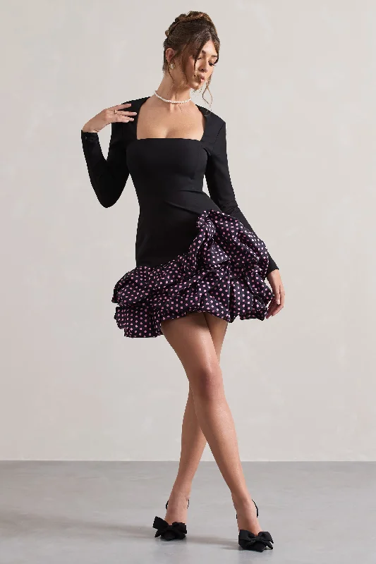 Surreal | Black Polka Dot Square-Neck Mini Dress With Ruffles