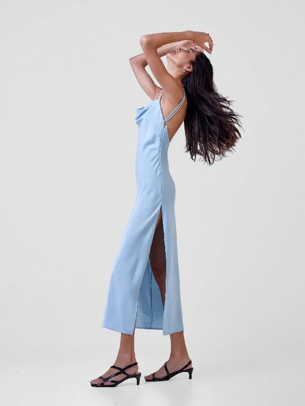 Anika Long Satin Double Strap Dress - Light Blue