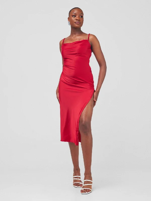 Anika Long Satin Double Strap Dress - Red