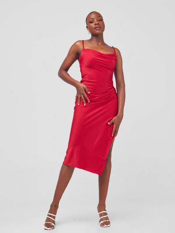 Anika Long Satin Double Strap Dress - Red