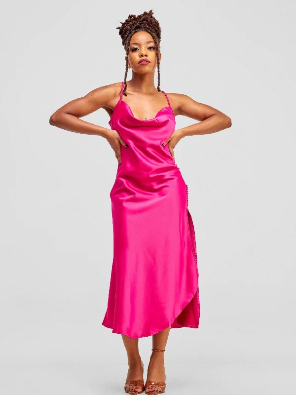 Lola Satin Slip Dress With Side Buttons - Hot Pink