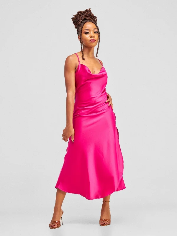 Lola Satin Slip Dress With Side Buttons - Hot Pink