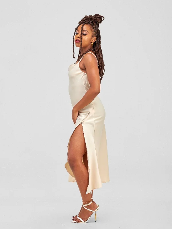 Lola Satin Slip Dress With Side Buttons - Light Brown