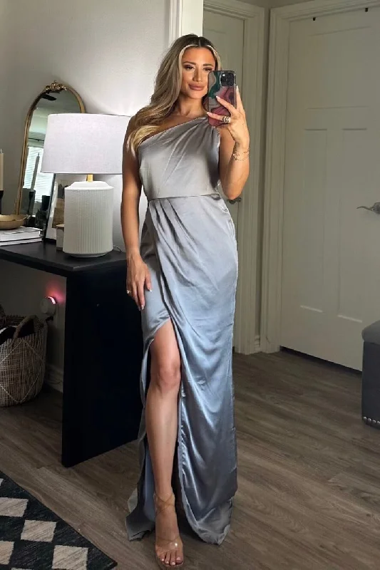 Power of Love Satin One Shoulder Maxi Dress: Silver