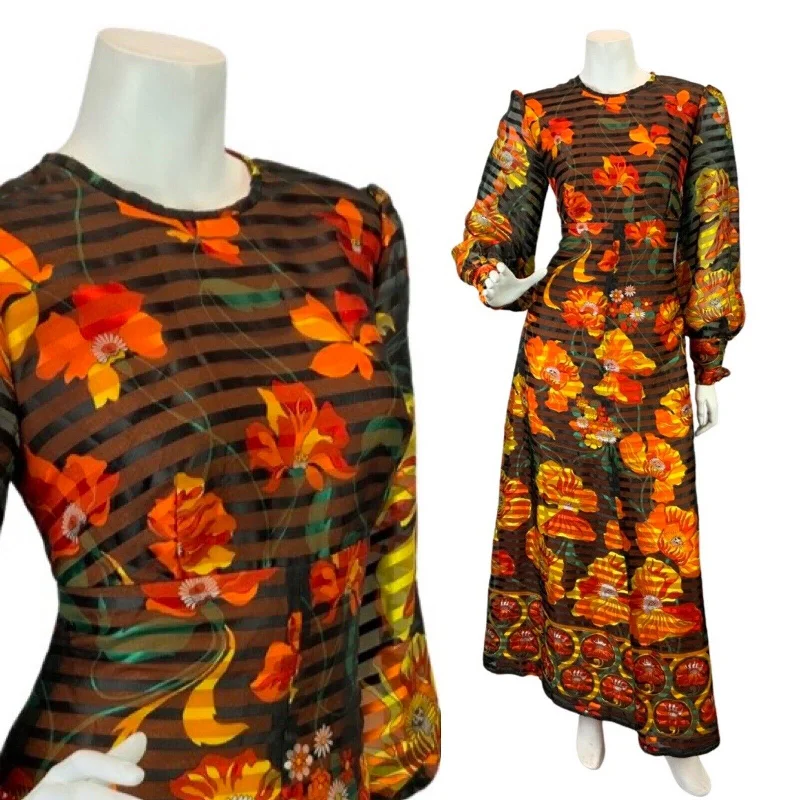 VINTAGE 60s 70s BLACK ORANGE RED SHEER STRIPED FLORAL MOD PSYCH MAXI DRESS 10