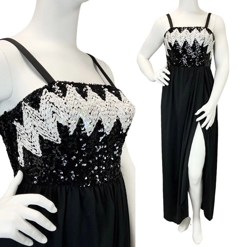 VINTAGE 60s 70s BLACK WHITE SEQUIN ZIG-ZAG STRAPPY DISCO STUDIO 54 MAXI DRESS 8