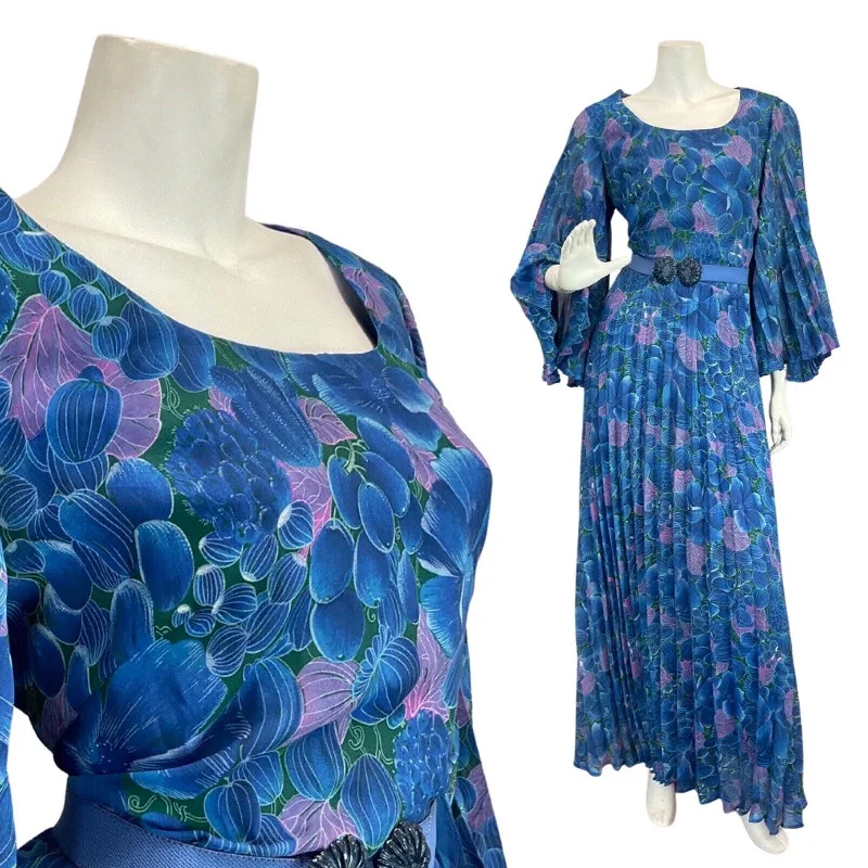 VINTAGE 60s 70s BLUE PURPLE FLORAL LEAFY BOHO MOD PLEATED MAXI DRESS 12 14