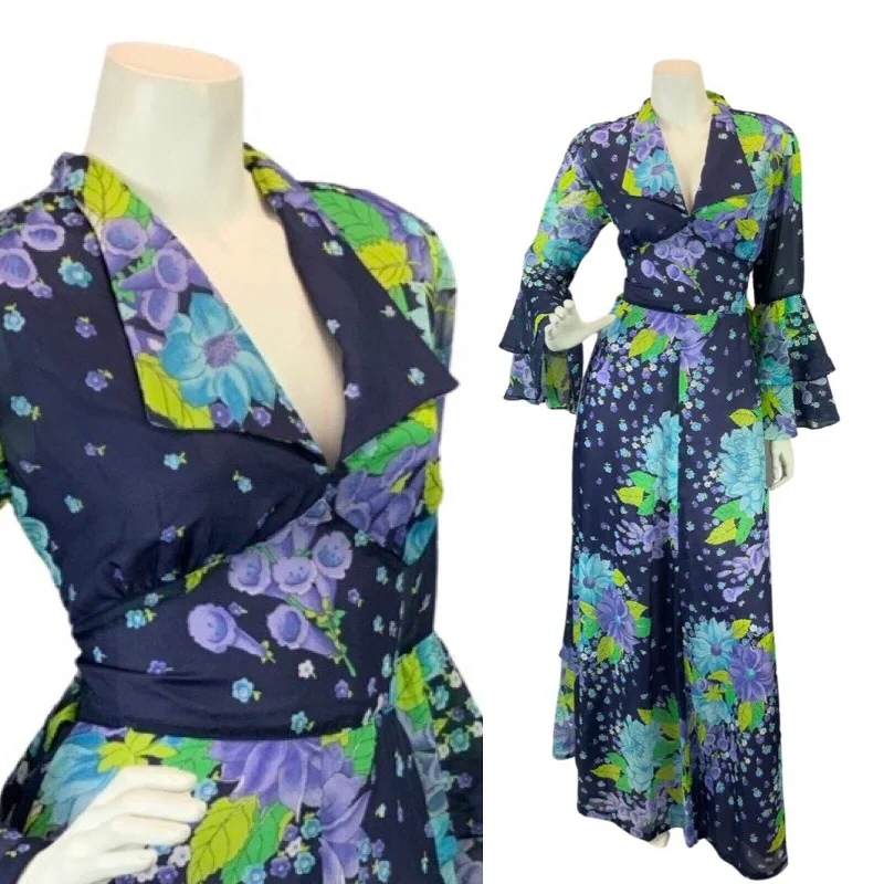 VINTAGE 60s 70s BLUE PURPLE GREEN FLORAL PSYCHEDELIC FLOUNCE MOD MAXI DRESS 10