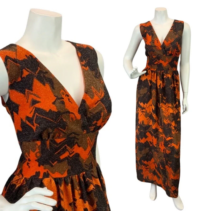 VINTAGE 60s 70s ORANGE BROWN BLACK ABSTRACT GEOMETRIC SLEEVELESS MAXI DRESS 10