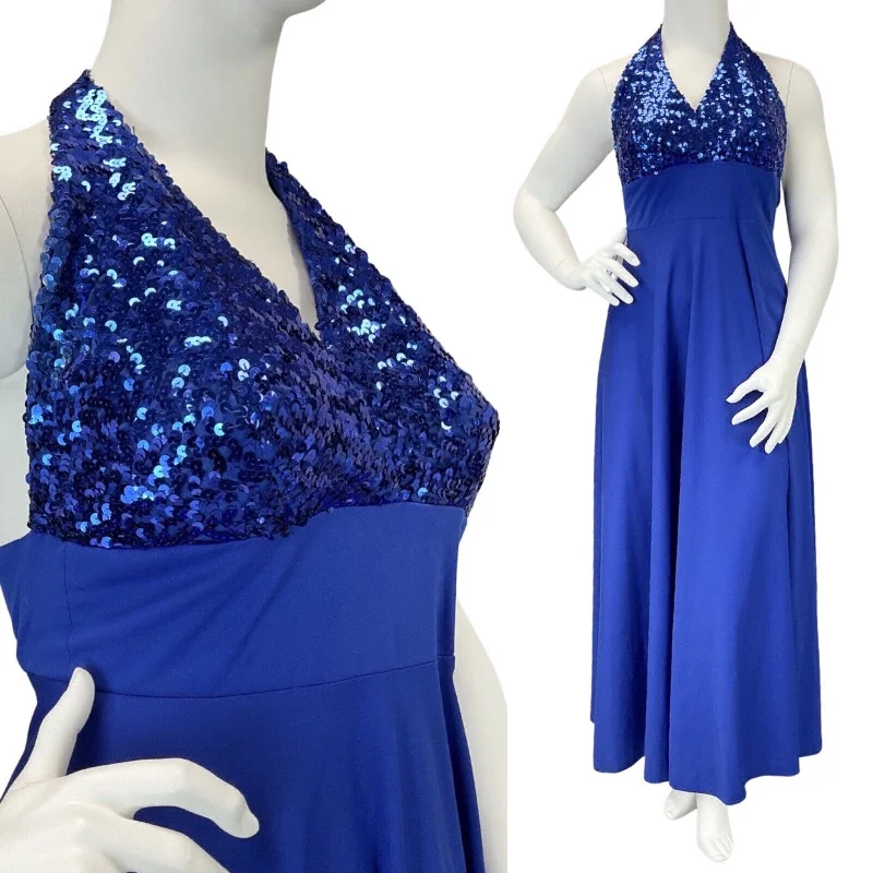 VINTAGE 60s 70s ROYAL BLUE SEQUIN HALTER DISCO STUDIO 54 MAXI DRESS 10 12