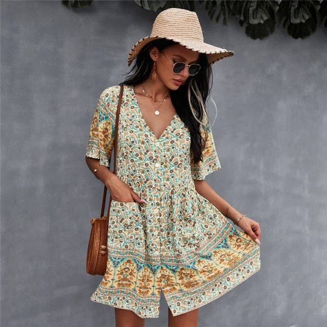 Amy Fashion - Short Sleeve Floral Print Fashion Sexy Dress