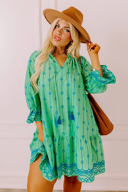 Charleston Stroll Embroidered Mini Dress in Kelly Green Curves