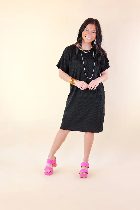 Coffee and Carefree Ribbed Short Sleeve Dress with Front Pocket in Black