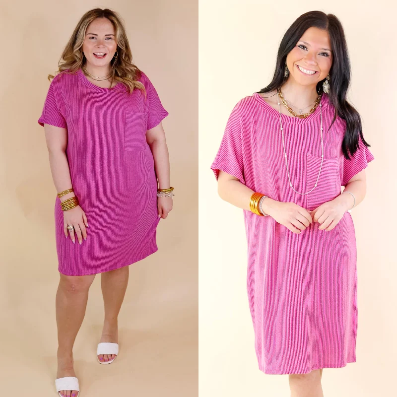 Coffee and Carefree Ribbed Short Sleeve Dress with Front Pocket in Magenta Purple