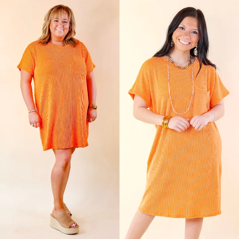 Coffee and Carefree Ribbed Short Sleeve Dress with Front Pocket in Orange